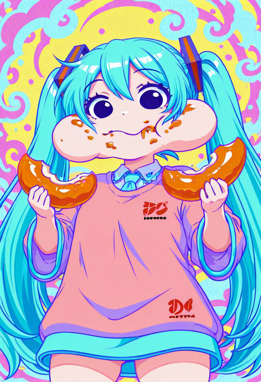 masterpiece, best quality,  amazing quality,1girl, solo, cowboy shot, high-low angle, hatsune miku, <lora:Artist_Kanchiyo_Pastel_Bloom_Illustrious:0.6> KCYPastelBloom, psychedelic background, vibrant colors, pastel tones, bold lineart, flat shading, colorful swirl background, vaporwave influence, pop art aesthetic, dynamic pose,  <lora:watermelon_reimu:0.8> chibi style, exaggerated eyes, exaggerated expression, puffed cheeks, full cheeks, eating, stuffed mouth, food stains, food on face, drooling, cute, comedic expression, silly face, cartoonish, round eyes, closed mouth, chewing, munching, holding, holding food, eating, food in hands, meme face, funny face, meme