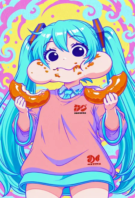 masterpiece, best quality, amazing quality,1girl, solo, cowboy shot, high-low angle, hatsune miku, <lora:Artist_Kanchiyo_Pastel_Bloom_Illustrious:0.6> KCYPastelBloom, psychedelic background, vibrant colors, pastel tones, bold lineart, flat shading, colorful swirl background, vaporwave influence, pop art aesthetic, dynamic pose, <lora:watermelon_reimu:0.8> chibi style, exaggerated eyes, exaggerated expression, puffed cheeks, full cheeks, eating, stuffed mouth, food stains, food on face, drooling, cute, comedic expression, silly face, cartoonish, round eyes, closed mouth, chewing, munching, holding, holding food, eating, food in hands, meme face, funny face, meme
