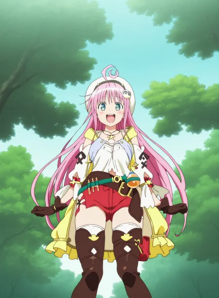 (masterpiece), (best quality), (intricate details, very aesthetic), absurdres, highres, cinematic light, 3girls, <lora:anime_screencap:1> anime screencap, anime coloring, lala satalin deviluke, reisalin stout \(cosplay\), from below, nature, water, tree, happy, upper teeth only,