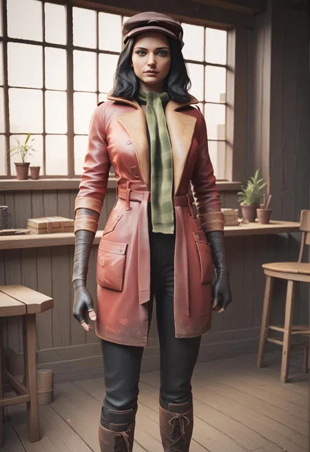 1girl, medium hair, black hair, cabbie hat, green scarf, striped scarf, red coat, fingerless gloves, black pants, boots, cowboy shot, looking at viewer <lora:Piper_Wright:1>score_9, score_8_up, score_7_up, score_6_up, score_5_up, score_4_up, BREAK source_cartoon, realistic, 3D, game, indoors