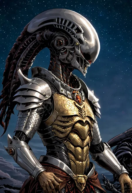 An insanely Detailed Divine Xenomorph, Golden and silver in color, cyberpunk, a crimson tinge to the golden color, Hyperdetailed, Omnipresent, Beautiful, Sinister overtones, otherworldly,((masterpiece, best quality)), fantasy, solo, 1 alien knight, silver armor chestplate with silver medieval ornaments and runes, galactic night sky background, perfect composition, sidelighting, outdoor,