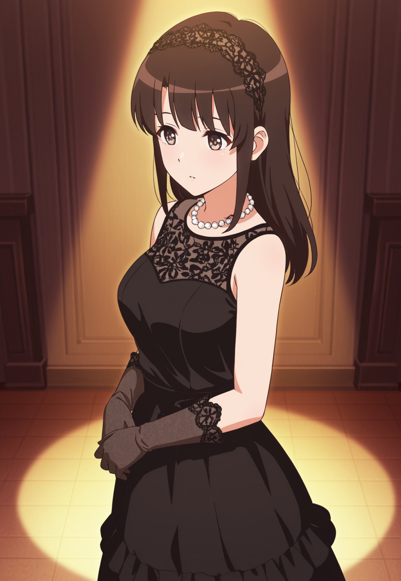 safe_pos, 1girl,Megumi <lora:IL-KatoMegumi:0.8>,brown hair,katou megumi,brown eyes,medium breasts,long hair, masterpiece, best quality, vintage 1920s theme, standing in a dimly lit jazz club, wearing an elegant black flapper dress with intricate beadwork, long satin gloves, pearl necklace, and a feathered headband, soft spotlight shining on her, smoky and moody atmosphere, jazz band instruments visible in the background, rich warm tones, dramatic lighting, slightly tilted perspective, classic and nostalgic ambiance, ((detailed eyes))