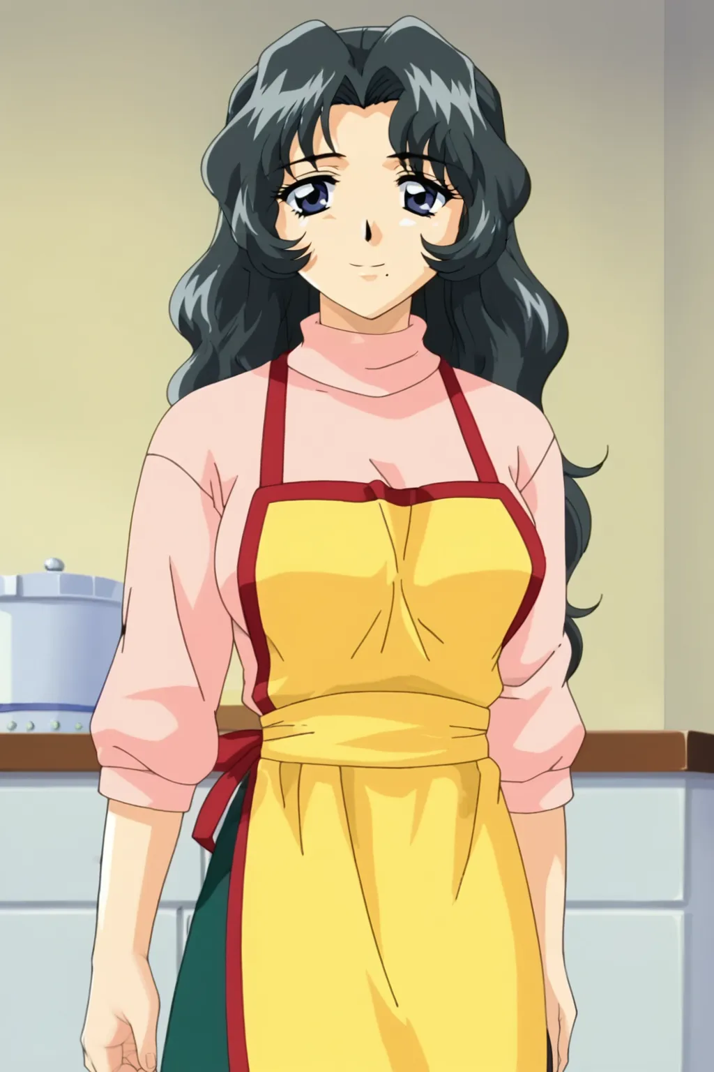 score_9, best masterpiece,   uncensored,  rating:explicit, sexy, lewd face, 
1girl, solo, seductive smile, large breasts, 
KyouhakuAkiyamaSakura,   1mole under left side of mouth, 
mature female, retro artstyle, 1990s (style), fake screenshot, 
loose hair, 
PinkTurtleneckOutfit, dark green long skirt with a single horizontal white line, pink turtleneck with elbow long sleeves and bare forearms,  (bare forearms:1.3), 
(yellow apron with red straps and red trim:1.2), apron over skirt, 
 <lora:KyouhakuAkiyamaSakura_V6:0.85>
--pin-shared-memory
--cuda-malloc
--cuda-stream