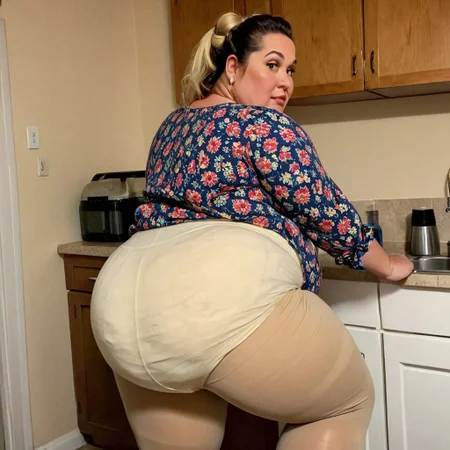 Iphone 16, 8k uhd, soft lighting, huge obese woman, heavily pregnant, sitting on a stool in kitchen, relaxed expression, poor gypsy, 45 years old mature woman, gone through alot in her life, messy bun, casual gypsy woman, wearing a pair of beige tights over a diaper, ((bulky diaper stretching the fabric of her tights from inside)), ((wearing aa unbuttoned colorful shirt)), huge round pregnancy bump and boobs sticking out from the shirt, plus size bbw
Messy setting, Candid photo, poor house interior, natural play of light, sun hitting through a nearby window