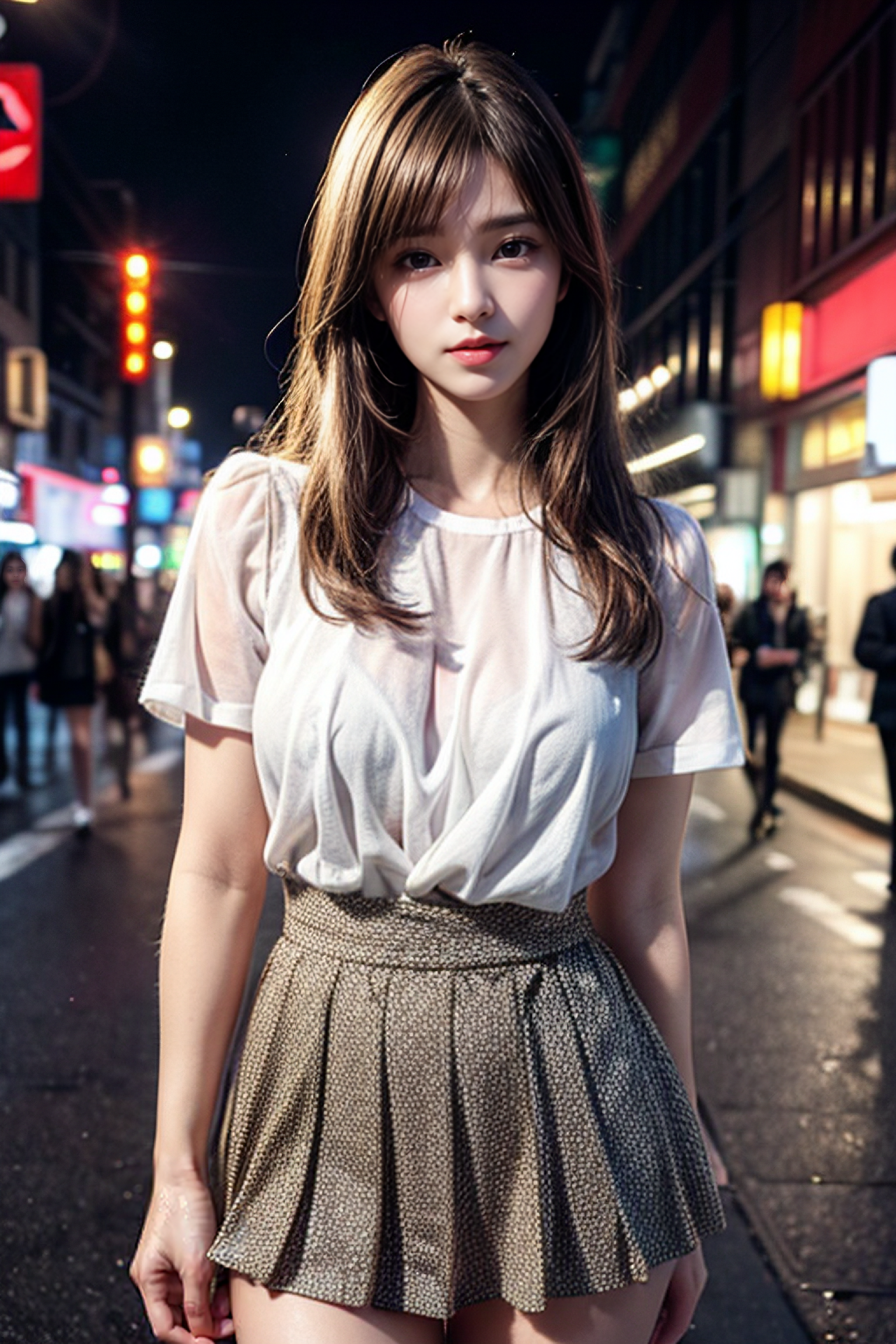 Hires, sunlight, backlight, ((Cinematic Light, Ray tracing)), (masterpiece),((ultra-detailed)), (highly detailed CG illustration), (best quality:1.2),(1girl:1.2),High quality texture, intricate details, detailed texture, High quality shadow, a realistic representation of the face, Detailed beautiful delicate face, Detailed beautiful delicate eyes, brown eye pupil, a face of perfect proportion, Depth of field, perspective,20s, glossy lips, perfect body, medium breast, distinct_image, solo focus, (brown hair), (((perma straight hair style))), (finely detailed beautiful eyes and detailed face), light source contrast, ((medium hair)), 21 years old, Tokyo street background,   at night, idol style, cute clothing, bright colors, playful patterns, ruffled skirts, kawaii accessories, youthful designs, medium breasts, white socks, standing,