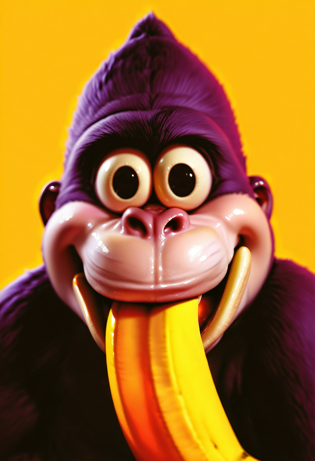 masterpiece, best quality, amazing quality, very aesthetic, high resolution, absurdres, realistic, photorealism, b0nz1buddy, gorilla, fat, solo, winking, seductive look, licking banana, eating banana, smirk