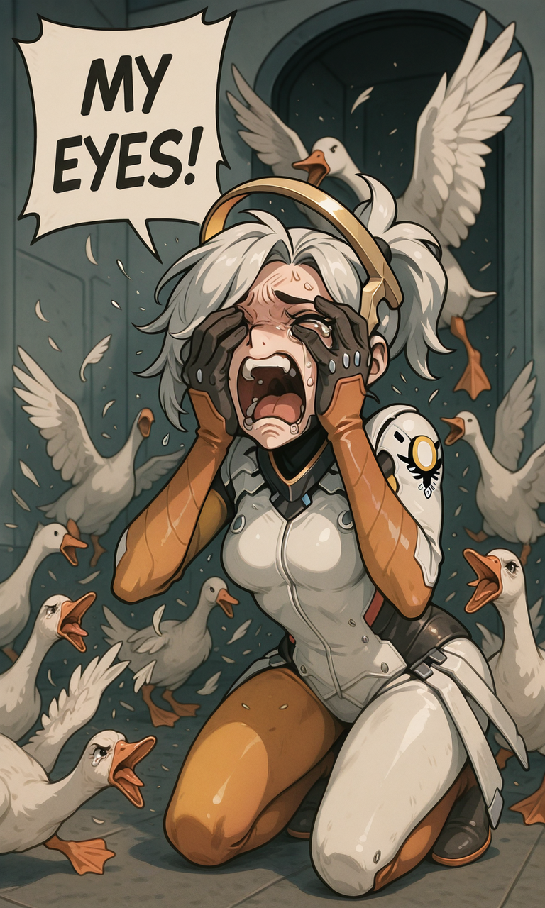 embedding:IllusP0s, MY EYES!, speech bubble, covering own eyes, tears, screaming, goose ambush, 6+ geese, mercy_\(overwatch\), cowering, scared, 1girl, solo, white bodysuit,<lora:goose ambush_illustrious.safetensors:1.0:1.0> <lora:MY EYES_illustrious.safetensors:1:1>