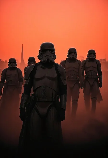 A squad of Stormtroopers stands in the foreground, their pristine white armor casting stark, imposing silhouettes against the vibrant hues of a breathtaking orange and pink sunset. The fading light bathes the entire scene in a melancholic, golden glow, with the sky painted in shades of amber, rose, and dusky violet. Their helmets, iconic and expressionless, reflect the sunset’s colors in subtle highlights, making them appear almost surreal—soldiers of an empire standing at the edge of twilight.
Their formation is precise, disciplined, exuding the silent menace of enforcers who know only duty. Each trooper grips a blaster rifle, their postures rigid, ever watchful for unseen threats. The soft light glints off their armor, revealing scuff marks and subtle signs of battle wear—evidence of countless missions carried out in the name of order. The lead Stormtrooper, slightly ahead of the others, stands with an air of quiet authority, his visor catching the last rays of the sun.
Behind them, mist swirls like creeping fog, shrouding their lower bodies and adding a ghostly presence to the scene. In the distance, the silhouette of a colossal black fortress emerges from the haze, its towering spires faint but unmistakable, standing as a dark and ominous reminder of the Empire’s reach. The air is thick with tension—charged with an unspoken threat—and yet there is an eerie stillness, as if the galaxy itself holds its breath. The warm sunset clashes with the cold, unyielding presence of the Stormtroopers, their rigid forms standing as a bridge between fleeting beauty and the relentless march of control.