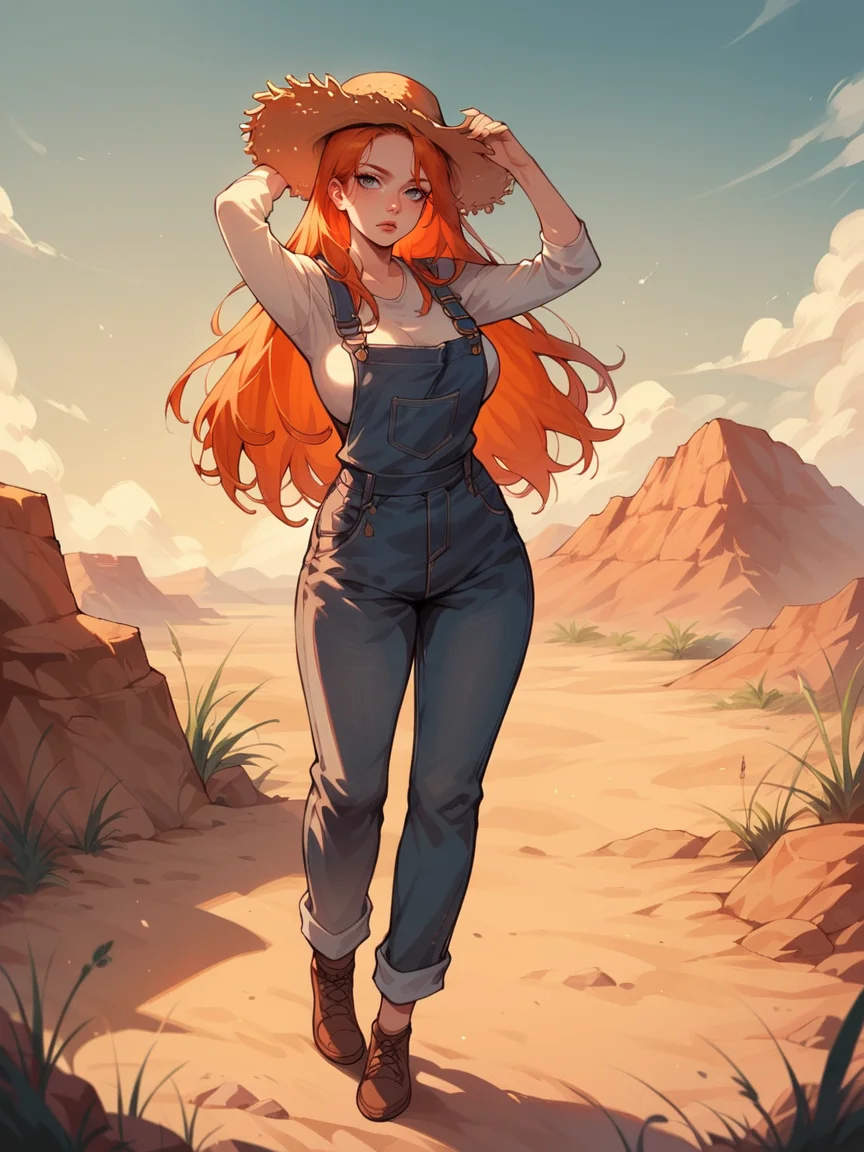 score_9, score_8_up, score_7_up, score_6_up, 1girl, long hair, <lora:g4n1m3XLP:1> g4n1m3, full body, sexy, ginger hair, desert, sunset, grey eyes, large breasts, plump, dark, overalls, straw hat,
