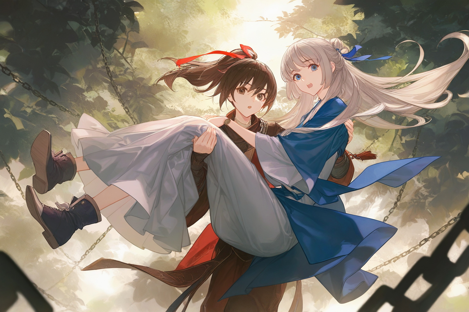 artist:ask_(askzy),artist:yolanda,[artist:WANKE],artist:ciloranko,multicolored,<lora:fenglingyuxiu-000018:0.6>, -fenglingyuxiu, princess carry, carrying, long hair, blue eyes, brown hair, ponytail, brown eyes, open mouth, chain, grey hair, 2girls, ribbon, hair ribbon, looking at viewer,