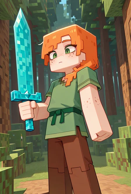 <lora:alexmc-10:1> alexmc, orange hair, 1girl, solo, green eyes, long green shirt, brown pants, short sleeves, freckles, square arms, square body, green waist ribbon, minecraft forest, holding diamond sword, blue sword,, masterpiece, best quality, amazing quality, very aesthetic, absurdres, newest,