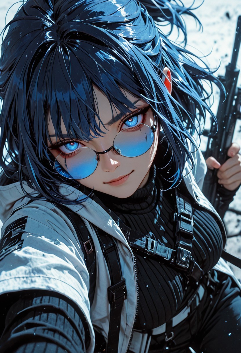 highres, very detailed, amazing quality, masterpiece,
very aesthetic,
particle effects,
1girl, Andreana from Arknights, large breasts, curvy, short hair, streaked hair, blue hair, white hair, short ponytail, blue eyes, round eyewear on eyes, blue-tinted eyewear, white jacket, hooded jacket, hood down, open jacket, layered sleeves, short over long sleeves, black sweater, turtleneck sweater, black pants, white belt, black bag, fanny pack,
Aiming a sniper, holding a sniper rifle, firing rifle, looking at viewer, smirk, intense, confident expression, 
reflections in glasses, particle effect, 
Close up, depth of field, ray_tracing, cowboy shot, extreme foreshortening, very aesthetic, cinematic,