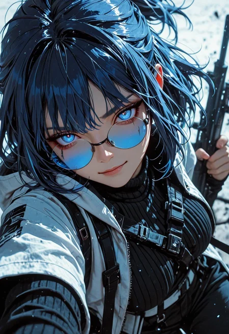 highres, very detailed, amazing quality, masterpiece,
very aesthetic,
particle effects,
1girl, Andreana from Arknights, large breasts, curvy, short hair, streaked hair, blue hair, white hair, short ponytail, blue eyes, round eyewear on eyes, blue-tinted eyewear, white jacket, hooded jacket, hood down, open jacket, layered sleeves, short over long sleeves, black sweater, turtleneck sweater, black pants, white belt, black bag, fanny pack,
Aiming a sniper, holding a sniper rifle, firing rifle, looking at viewer, smirk, intense, confident expression,
reflections in glasses, particle effect,
Close up, depth of field, ray_tracing, cowboy shot, extreme foreshortening, very aesthetic, cinematic,