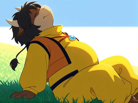 high resolution, best quality, 4k, solo, (under shade, sidelighting, warm colors, warm lighting), male, side view, landscape view, sitting in grass, hands on ground, head back, blue sky, grassy meadow background, eyes closed, <lora:Hols_-_Eto_Rangers_IL:1> h0l5, toony, bull, black hair, tied hair, animal ears, horns, conjoined eyes, black eyes, brown skin, chubby, yellow jumpsuit, blue button, orange cropped jacket