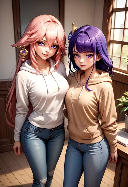 score_9, score_8_up,score_7_up, source_anime, indoors, standing, cowboy shot, 2girls, seductive smile, from above, hoodie, jeans, looking at viewer, 
BREAK yae miko, 
BREAK raiden shogun,