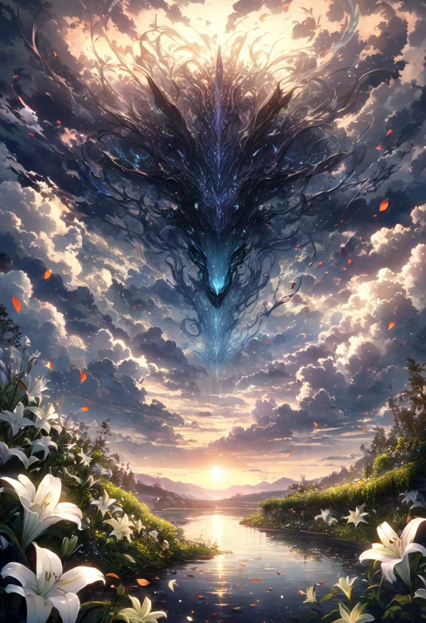 detailed background,( Calm spring night landscape), amongst lush greenery, beautiful view, lily flower in full bloom, lily flower, early morning, sunrise sky, beautiful clouds, dappled sunlight, beautiful, Tranquil Lake, Walkway, petals dancing in the wind, depth of field, masterpiece, best quality, ultra-detailed, very aesthetic, illustration, perfect composition, intricate details, absurdres, moody lighting, wisps of light, no humans,Air Elemental, air elemental dragon, swirling air body, transparent, ethereal, majestic, detailed digital art, expressive eyes, roaring, cloudy sky background, magical elements,