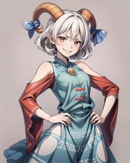 <lora:touhou_toutetsu-14:1.0>, cowboy shot, solo, 1girl, toutetsu yuuma, sharp teeth, smile, looking at viewer, hands on hips, horn ribbon, horn ornament, horizontal pupils, blue dress, red sleeves, detached sleeves, jewelry, earrings<lora:add_detail:1>, masterpiece, best quality, perfect composition, <lyco:GoodHands-beta2:1.0>