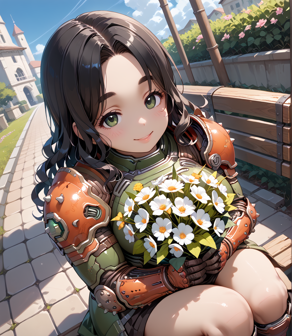PonyScores7, source_anime, ah1, BREAK 1girl, (curly hair), long hair, (black hair:1.3), mature female, (parted hair:1.7), (round face:1.2), (fringe:-0.5), (bangs:-0.5), (hair between eyes:-0.5),  (thick eyebrows), (curvy), round-chin, (greenish hazel eyes), caucasian, (downturned eyes:1.2), (plump face), <lora:ETO_OCPonyXL:0.5> eto_oc, skindentation, (plump), thick thighs, wide hips, busty, voluptuous, kinky curls, lips, <lora:venus body PonyXL:0.4>,  (Hopefulgently, smile, shy), (Sitting on a park bench, holding a bouquet of flowers, with a smile of joy and gratitude), (in shadowy-alley , at night), looking at viewer,   <lora:edgArmoredPony:0.8> (hemlock dslayer armor, Doom Slayer's drip), BREAK <lora:xl_more_art-full_v1:0.2>, <lora:shinyskin2:0.2> glistening skin, <lora:aesthetic_anime_v1s:0.2>, <lora:Expressive_H:0.2> Expressiveh, <lora:hairdetailpxl:0.2> hairdetailpxl, <lora:EpicF4nta5yXL:0.2>, <lora:detailxl:0.2> detailxl, <lora:Fant5yP0ny:0.2>, best quality, amazing quality, best aesthetic, absurdres, <lora:expressive eyes:0.2> expressive eyes, <lora:eyedetailpxl:0.2> eyedetailpxl, illustration, Volumetric_Lighting, ultra-detailed, very aesthetic, intricate details, 8k, masterpiece, best_quality, BREAK (Dutch Angle view Close shot (focus on knees)), BREAK <lora:Eyes_High_Definition:0.3> EyesHD, Stable_Yogis_PDXL_Positives, AS-Adult, <lora:Complicated fantasy portrait - XL Pony V2.0:0.4>, bad-hands-5,