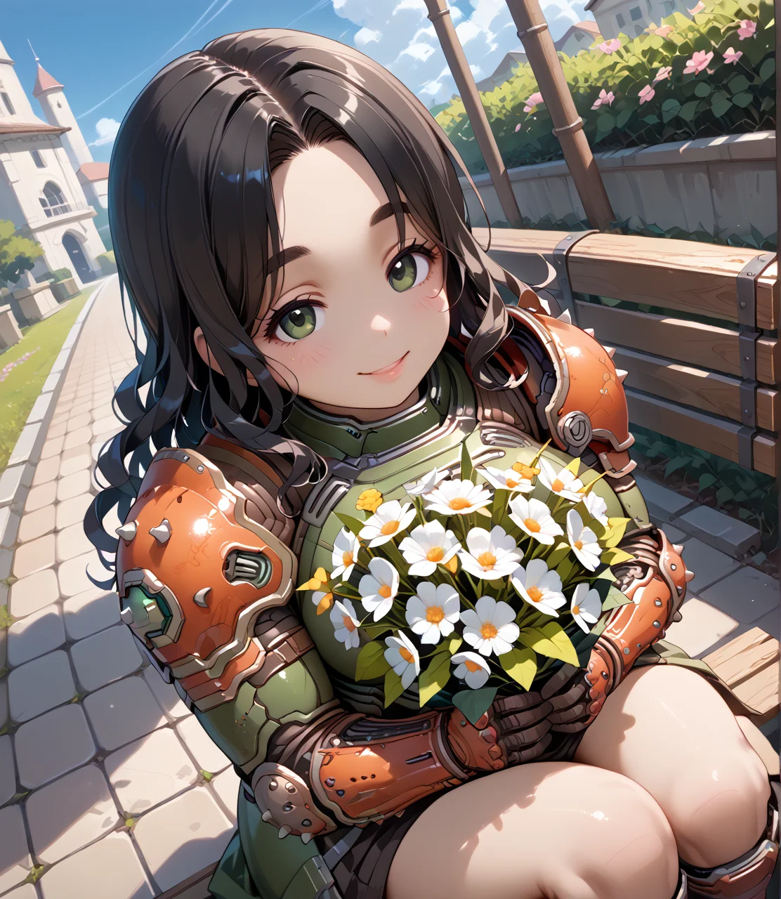 PonyScores7, source_anime, ah1, BREAK 1girl, (curly hair), long hair, (black hair:1.3), mature female, (parted hair:1.7), (round face:1.2), (fringe:-0.5), (bangs:-0.5), (hair between eyes:-0.5), (thick eyebrows), (curvy), round-chin, (greenish hazel eyes), caucasian, (downturned eyes:1.2), (plump face), <lora:ETO_OCPonyXL:0.5> eto_oc, skindentation, (plump), thick thighs, wide hips, busty, voluptuous, kinky curls, lips, <lora:venus body PonyXL:0.4>, (Hopefulgently, smile, shy), (Sitting on a park bench, holding a bouquet of flowers, with a smile of joy and gratitude), (in shadowy-alley , at night), looking at viewer, <lora:edgArmoredPony:0.8> (hemlock dslayer armor, Doom Slayer's drip), BREAK <lora:xl_more_art-full_v1:0.2>, <lora:shinyskin2:0.2> glistening skin, <lora:aesthetic_anime_v1s:0.2>, <lora:Expressive_H:0.2> Expressiveh, <lora:hairdetailpxl:0.2> hairdetailpxl, <lora:EpicF4nta5yXL:0.2>, <lora:detailxl:0.2> detailxl, <lora:Fant5yP0ny:0.2>, best quality, amazing quality, best aesthetic, absurdres, <lora:expressive eyes:0.2> expressive eyes, <lora:eyedetailpxl:0.2> eyedetailpxl, illustration, Volumetric_Lighting, ultra-detailed, very aesthetic, intricate details, 8k, masterpiece, best_quality, BREAK (Dutch Angle view Close shot (focus on knees)), BREAK <lora:Eyes_High_Definition:0.3> EyesHD, Stable_Yogis_PDXL_Positives, AS-Adult, <lora:Complicated fantasy portrait - XL Pony V2.0:0.4>, bad-hands-5,