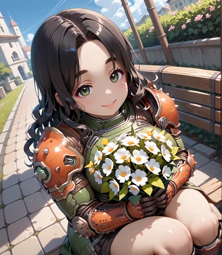 PonyScores7, source_anime, ah1, BREAK 1girl, (curly hair), long hair, (black hair:1.3), mature female, (parted hair:1.7), (round face:1.2), (fringe:-0.5), (bangs:-0.5), (hair between eyes:-0.5), (thick eyebrows), (curvy), round-chin, (greenish hazel eyes), caucasian, (downturned eyes:1.2), (plump face), <lora:ETO_OCPonyXL:0.5> eto_oc, skindentation, (plump), thick thighs, wide hips, busty, voluptuous, kinky curls, lips, <lora:venus body PonyXL:0.4>, (Hopefulgently, smile, shy), (Sitting on a park bench, holding a bouquet of flowers, with a smile of joy and gratitude), (in shadowy-alley , at night), looking at viewer, <lora:edgArmoredPony:0.8> (hemlock dslayer armor, Doom Slayer's drip), BREAK <lora:xl_more_art-full_v1:0.2>, <lora:shinyskin2:0.2> glistening skin, <lora:aesthetic_anime_v1s:0.2>, <lora:Expressive_H:0.2> Expressiveh, <lora:hairdetailpxl:0.2> hairdetailpxl, <lora:EpicF4nta5yXL:0.2>, <lora:detailxl:0.2> detailxl, <lora:Fant5yP0ny:0.2>, best quality, amazing quality, best aesthetic, absurdres, <lora:expressive eyes:0.2> expressive eyes, <lora:eyedetailpxl:0.2> eyedetailpxl, illustration, Volumetric_Lighting, ultra-detailed, very aesthetic, intricate details, 8k, masterpiece, best_quality, BREAK (Dutch Angle view Close shot (focus on knees)), BREAK <lora:Eyes_High_Definition:0.3> EyesHD, Stable_Yogis_PDXL_Positives, AS-Adult, <lora:Complicated fantasy portrait - XL Pony V2.0:0.4>, bad-hands-5,
