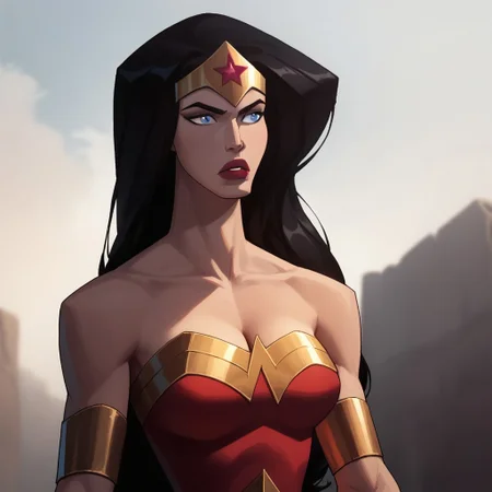 score_9, score_8_up, score_7_up, 1girl, solo, long hair, blue eyes, black hair, lipstick, cleavage, leotard, tiara, bracers, Wonder Woman (2009)