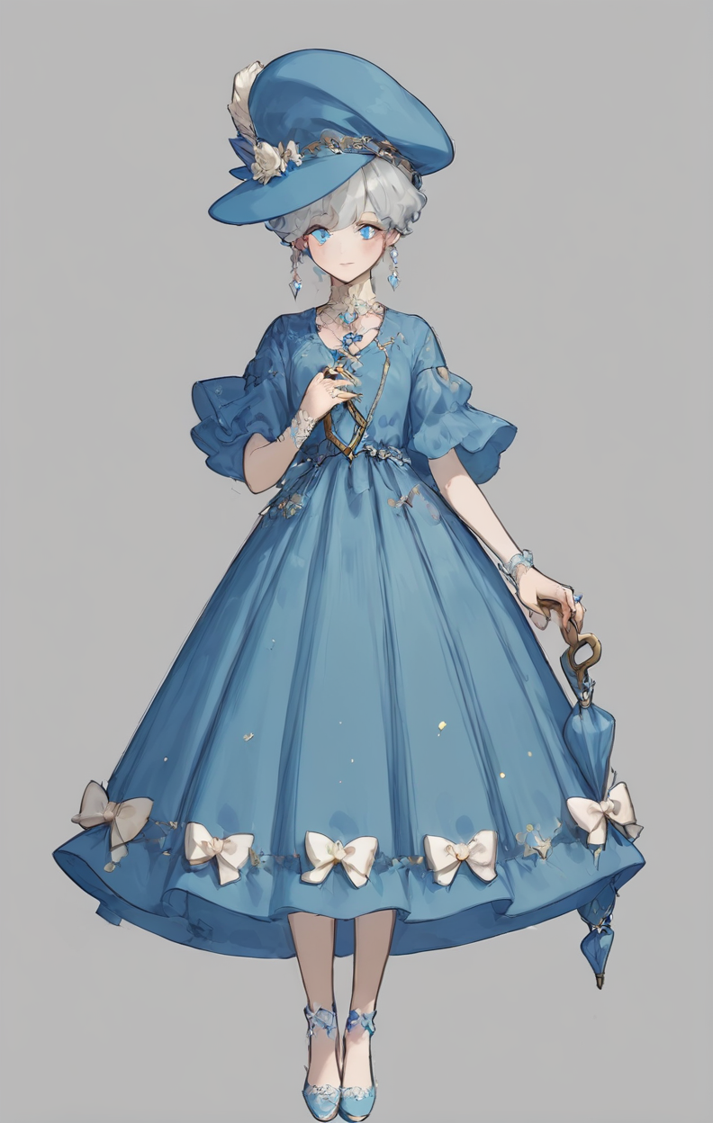 score_9, score_8_up, score_7_up, score_6_up, score_5_up, score_4_up,
 <lora:OverDesignedGirls:.7>
 blue dress and hat, holding an umbrella and a diamond ring