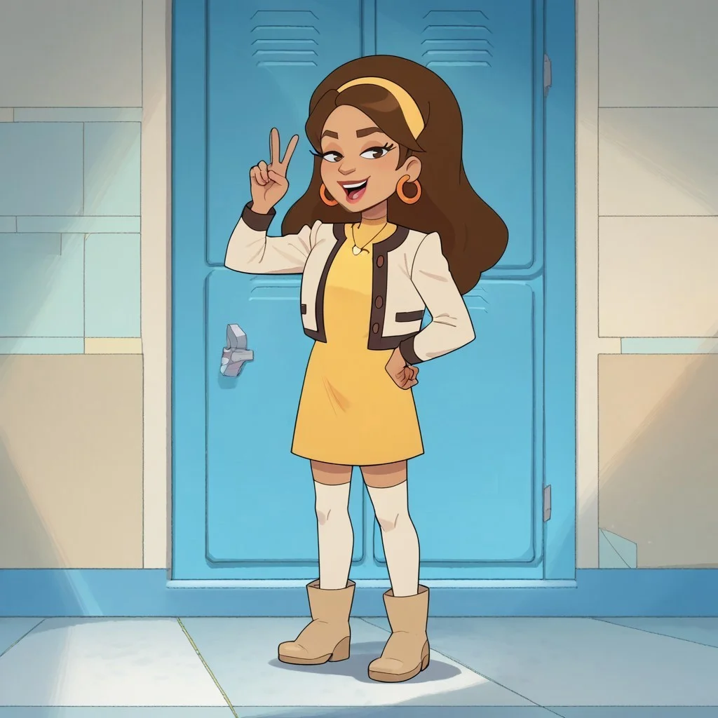 score_9, score_8_up, score_7_, Abby,, Blabby Abby, long hair, Brown hair, yellow headband,lipstick, Jacket, yellow shirt, yellow dress, Boots, thigh highs, hoop earrings, heart neckless, zPDXL2 1girl, solo, peace sign,