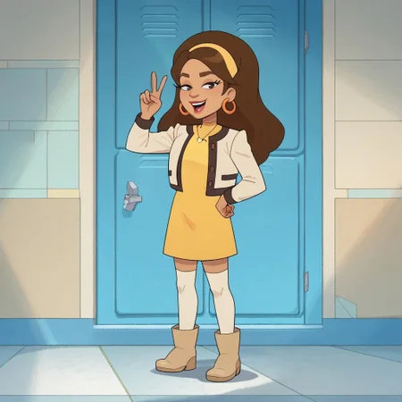 score_9, score_8_up, score_7_, Abby,, Blabby Abby, long hair, Brown hair, yellow headband,lipstick, Jacket, yellow shirt, yellow dress, Boots, thigh highs, hoop earrings, heart neckless, zPDXL2 1girl, solo, peace sign,