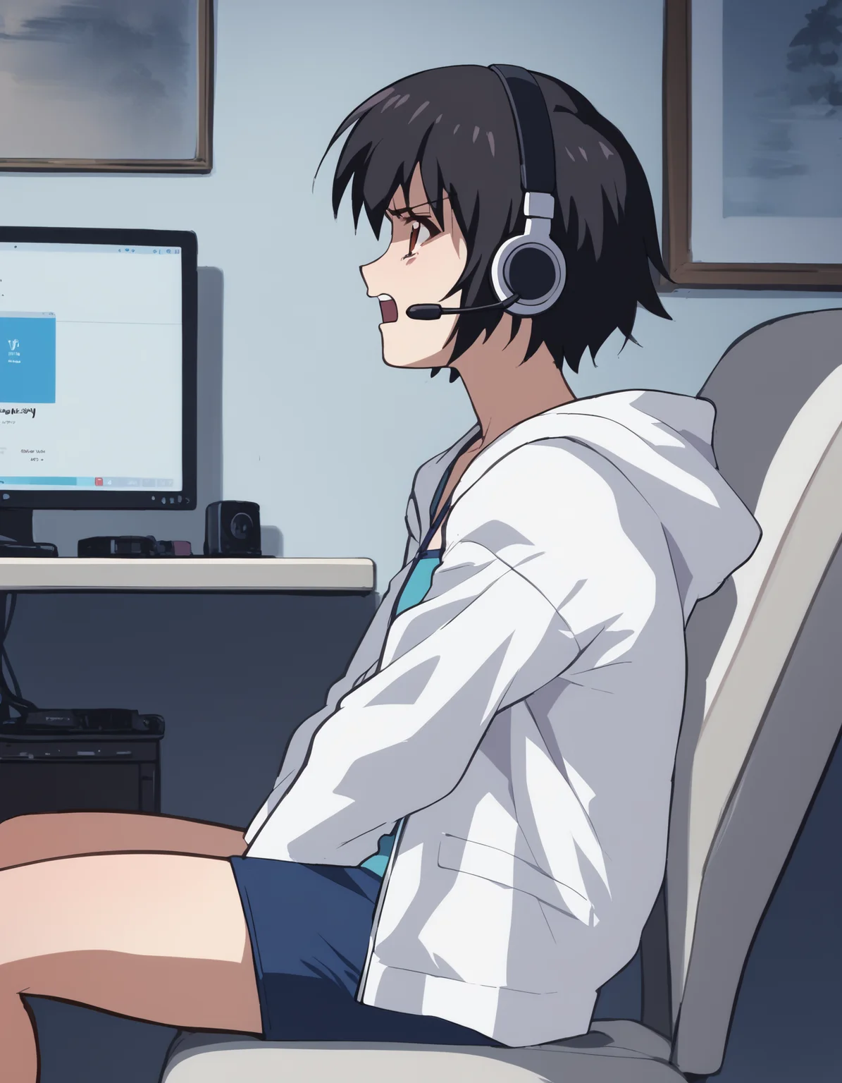 score_9, score_8_up, score_7_up, score_6_up, score_5_up, score_4_up
<lora:noir-2x-ponyxl-000016:1>
yuumura kirika, camisole, blue shirt, hoodie, white hoodie, pencil skirt, microskirt,
sitting, angry, headset, looking at screen, from side, shouting