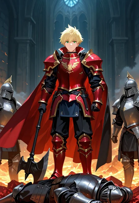 hush_middy, green eyes, light blond hair, 1boy, solo focus, he is dressed in a suit of red iron platemail, Break, he is holding up a black coloured axe, white-lined in axe, Properly holding the axe, his armour bears a crest of a yellow eagle, fantasy armour, stylized silver eagle emblems and symbols on armour and sheild, Break, epic background is a a beautiful palace, a strong wind is blowing his cape, heavy plate armour, red-whited coloured armour, detailed draw, detailed eyes, high quality, best quality, high definition
