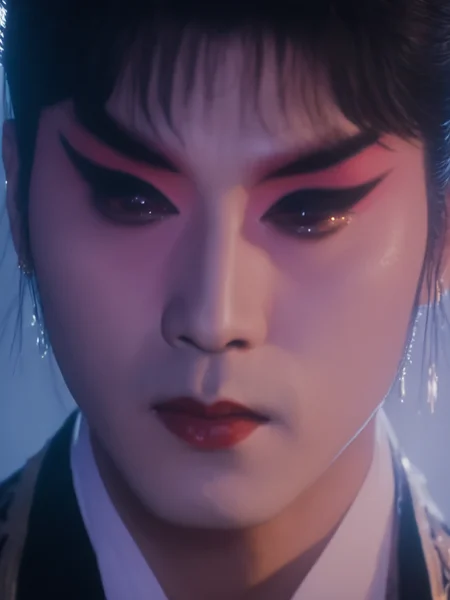 best quality, masterpiece, realistic,8k, golden hour, BWBJ , a man with (make up:1.2) and black hair wear white shirt,beautiful detailed eyes,streaming tears, background is stage, upper body, <lora:BWBJ-000004:1>