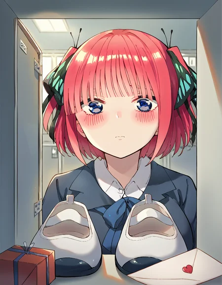 score_9, score_8_up, score_7_up, source_anime, <lora:nnakano-s2-ponyxl-lora-nochekaiser:1>, short hair, bangs, blue eyes, hair ornament, hair ribbon, pink hair, blunt bangs, two side up, butterfly hair ornament, large breasts,, <lora:shoe-locker-pov-ponyxl-lora-nochekaiser:1> shoe locker pov, locker, letter, school, gift box, unworn shoes, blush,, ,