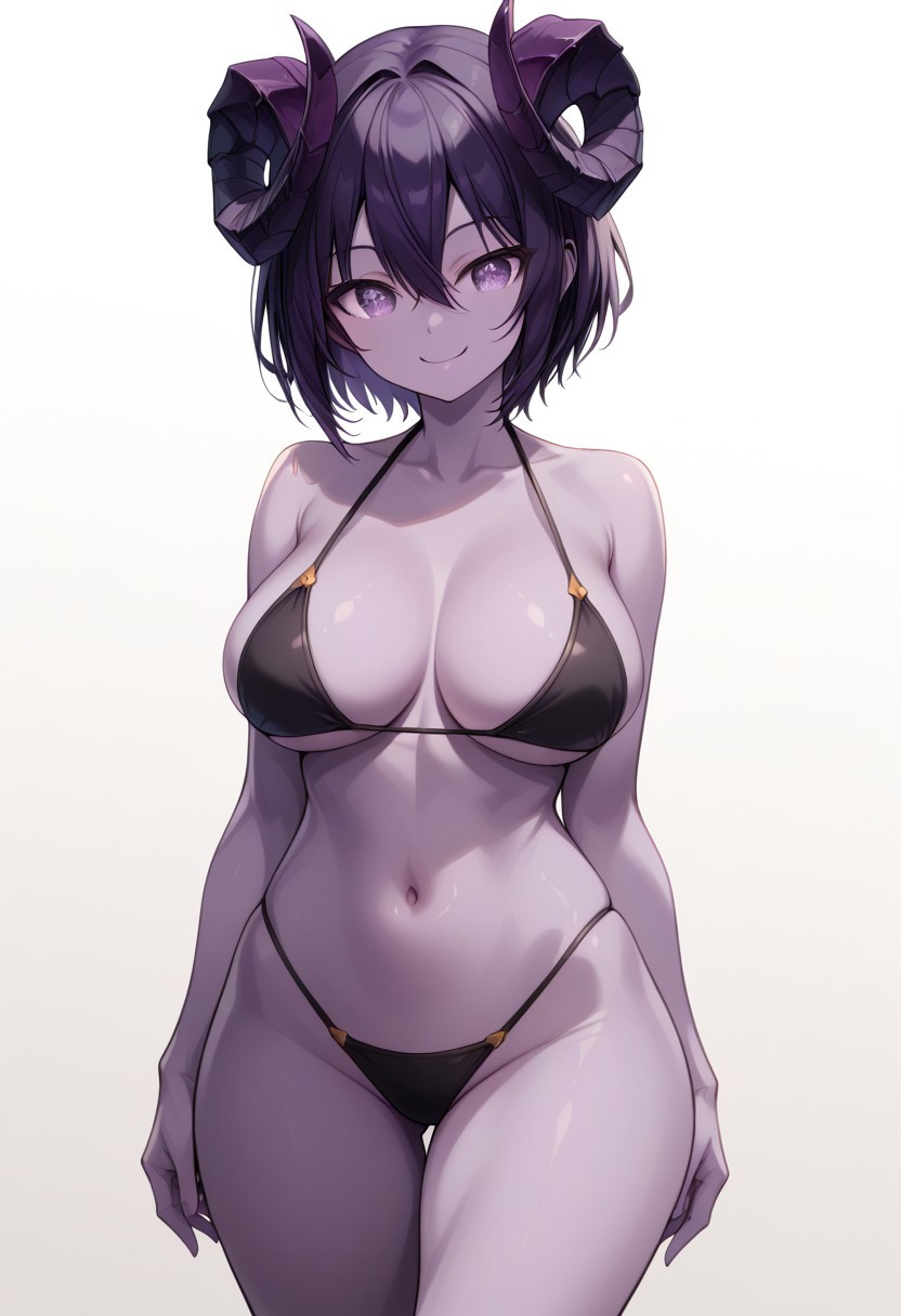 score_9,2d,source anime,1girl,amethystvesper,colored skin,purple hair,purple eyes,bikini,horns,large breasts,cowboy shot,smile, short hair, white background