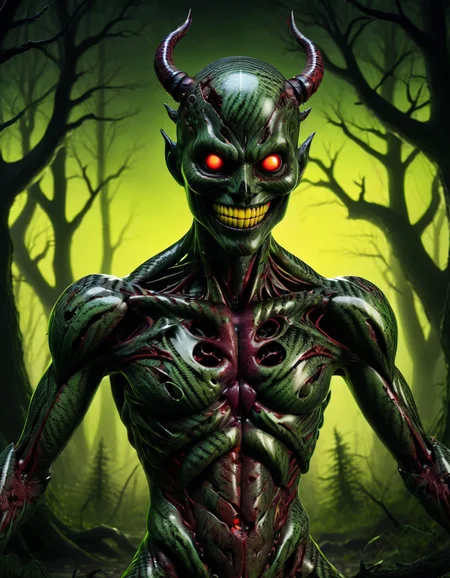 "japanese cartoon style, dark forest, full body, dark desaturated green, deep blood red, rusty brown, (horrific shadow creature:1.25) with blacklight makeup, glowing eyes, yellow smile, (neon leds implanted in skin:1.25), perfect anatomy, horror, creepy, dark, eerie, menacing, supernatural, monster, nightmare, masterpiece, best quality, highly detailed, sharp focus, dynamic lighting, vivid colors, texture detail, particle effects, storytelling elements, narrative flair, 16k, UE5, HDR, subject-background isolation, made of ral-carbonfiber <lora:ral-carbonfiber:1> ral-carbonfiber landscape