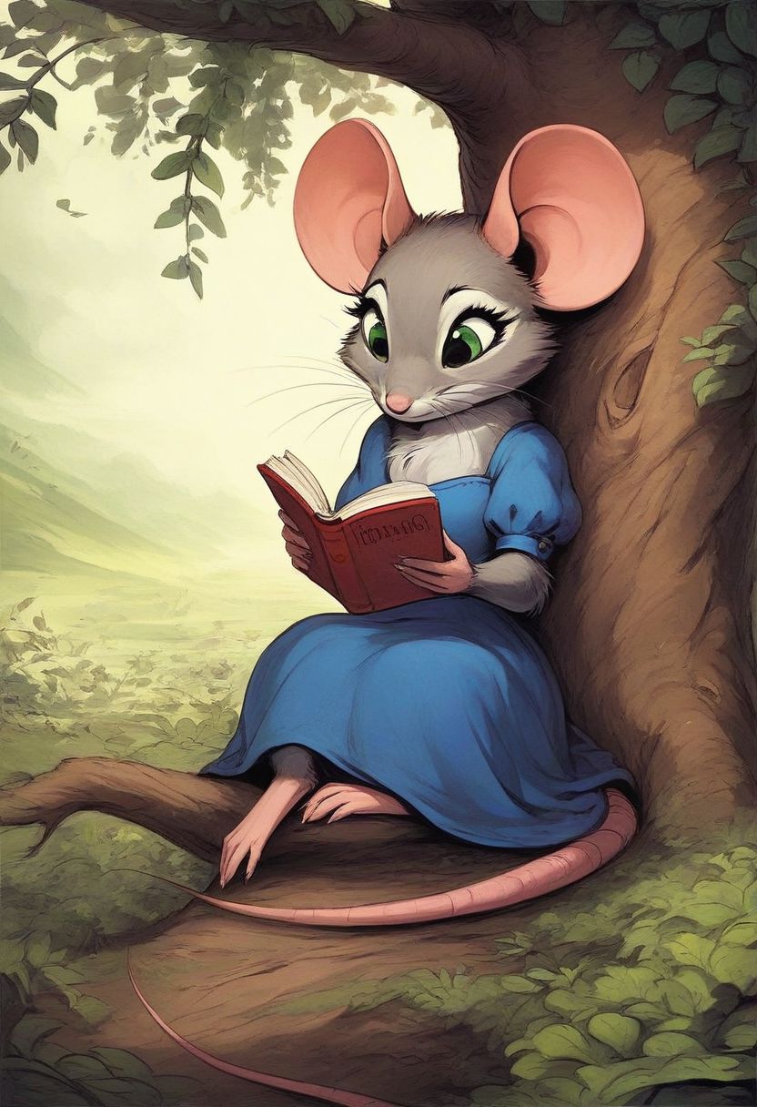 score_9, score_8_up, score_8, solo, (fluffy:0.5), (feral), outdoors, toes, furry, (((mouse))), female,green eyes, grey fur, chest, claws, (fluffy cheeks:0.5), (blue dress), in the style of beatrix potter, reading, (solo:2), sitting under a tree,