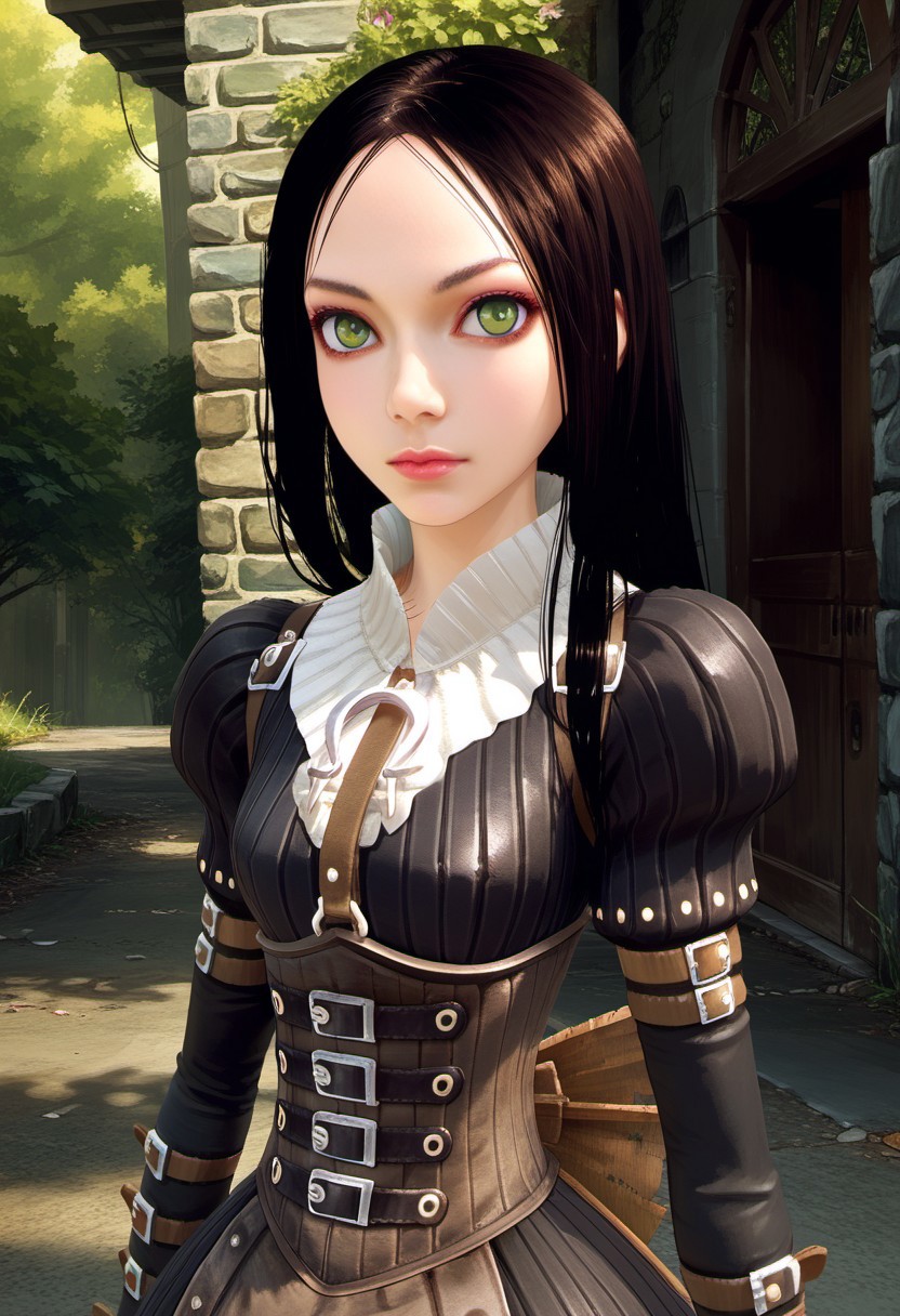 SCORE_9, SOURCE_ANIME, PORTRAIT, ALICE LIDDELL, BLACK HAIR, GREEN EYES, DRESS,