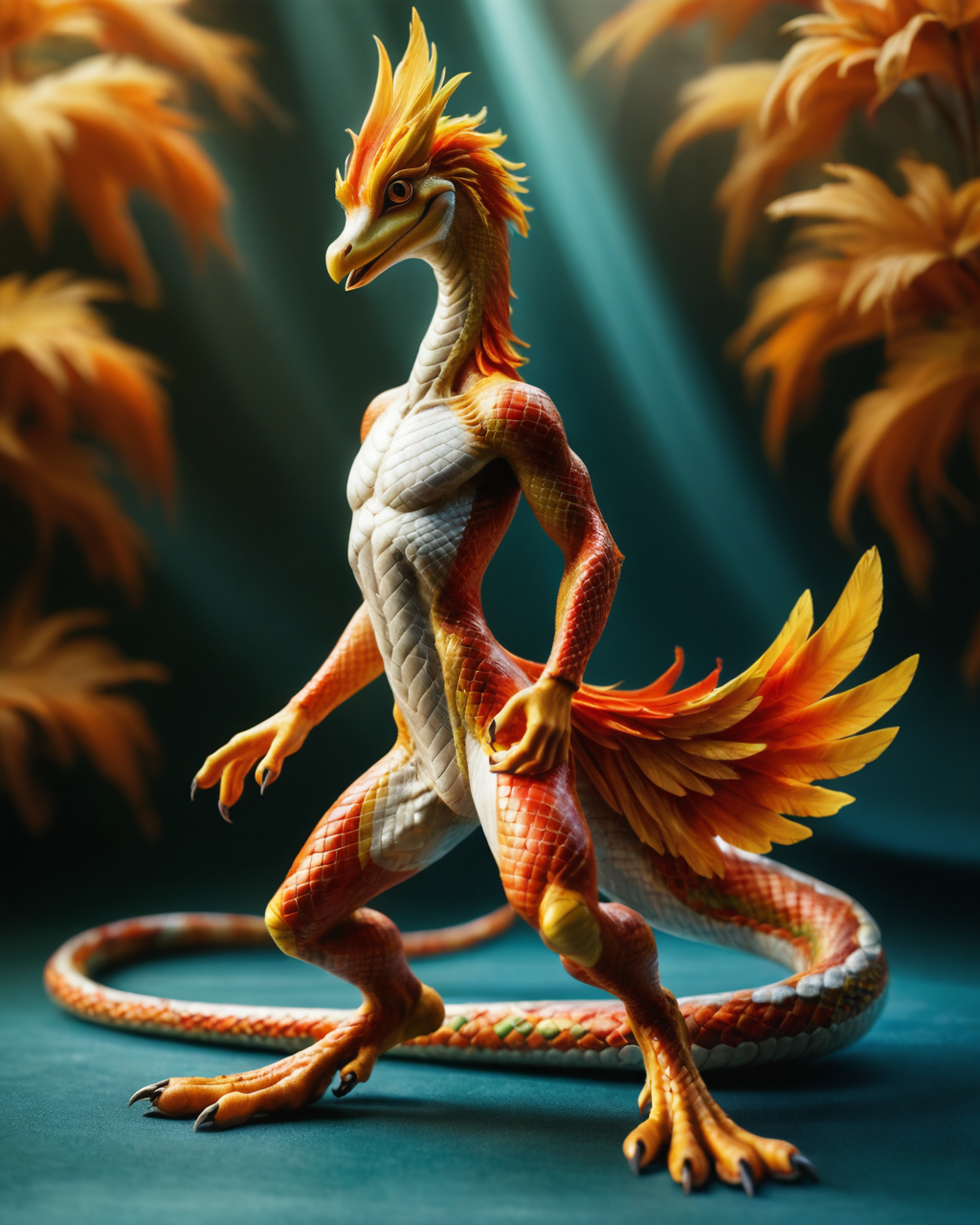 score_9, score_8_up, score_7_up, intricate details, rating_safe,
<lora:SnakeSkinStyle:0.7>,
1boy(solo, 
anthro furry, phoenix with Jed-snkskn, snakeskin, 
full body, looking at the viewer, solo, happy), detailed background, depth of field, subsurface scattering, 
<lora:ral-chrosc-clr:0.5>, ral-chrosc-clr,
<lora:xl_more_art-full_v1:0.3>,
<lora:add-detail-xl:0.3>