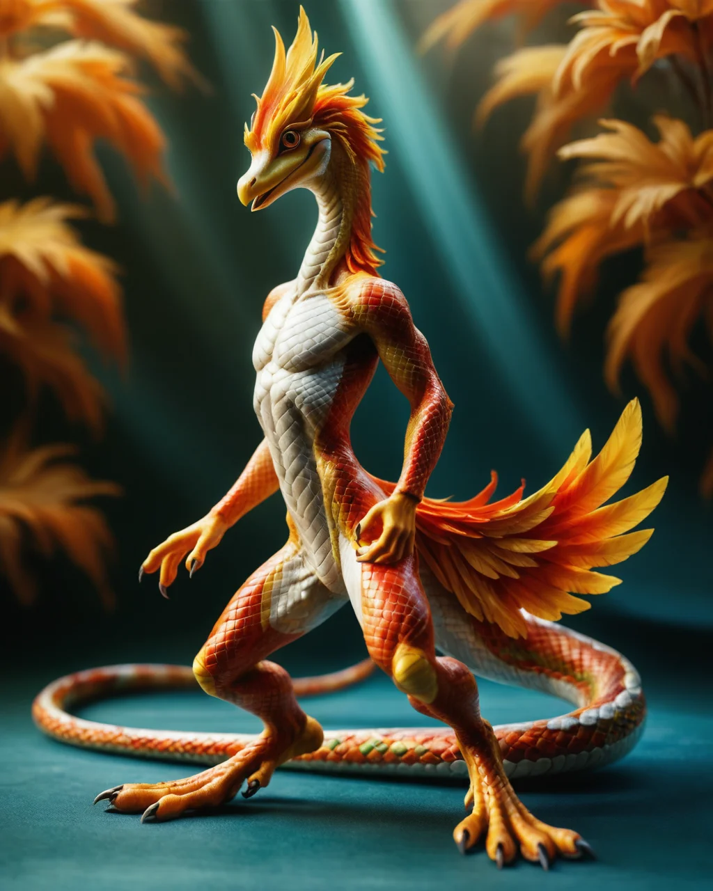 score_9, score_8_up, score_7_up, intricate details, rating_safe,
<lora:SnakeSkinStyle:0.7>,
1boy(solo,
anthro furry, phoenix with Jed-snkskn, snakeskin,
full body, looking at the viewer, solo, happy), detailed background, depth of field, subsurface scattering,
<lora:ral-chrosc-clr:0.5>, ral-chrosc-clr,
<lora:xl_more_art-full_v1:0.3>,
<lora:add-detail-xl:0.3>
