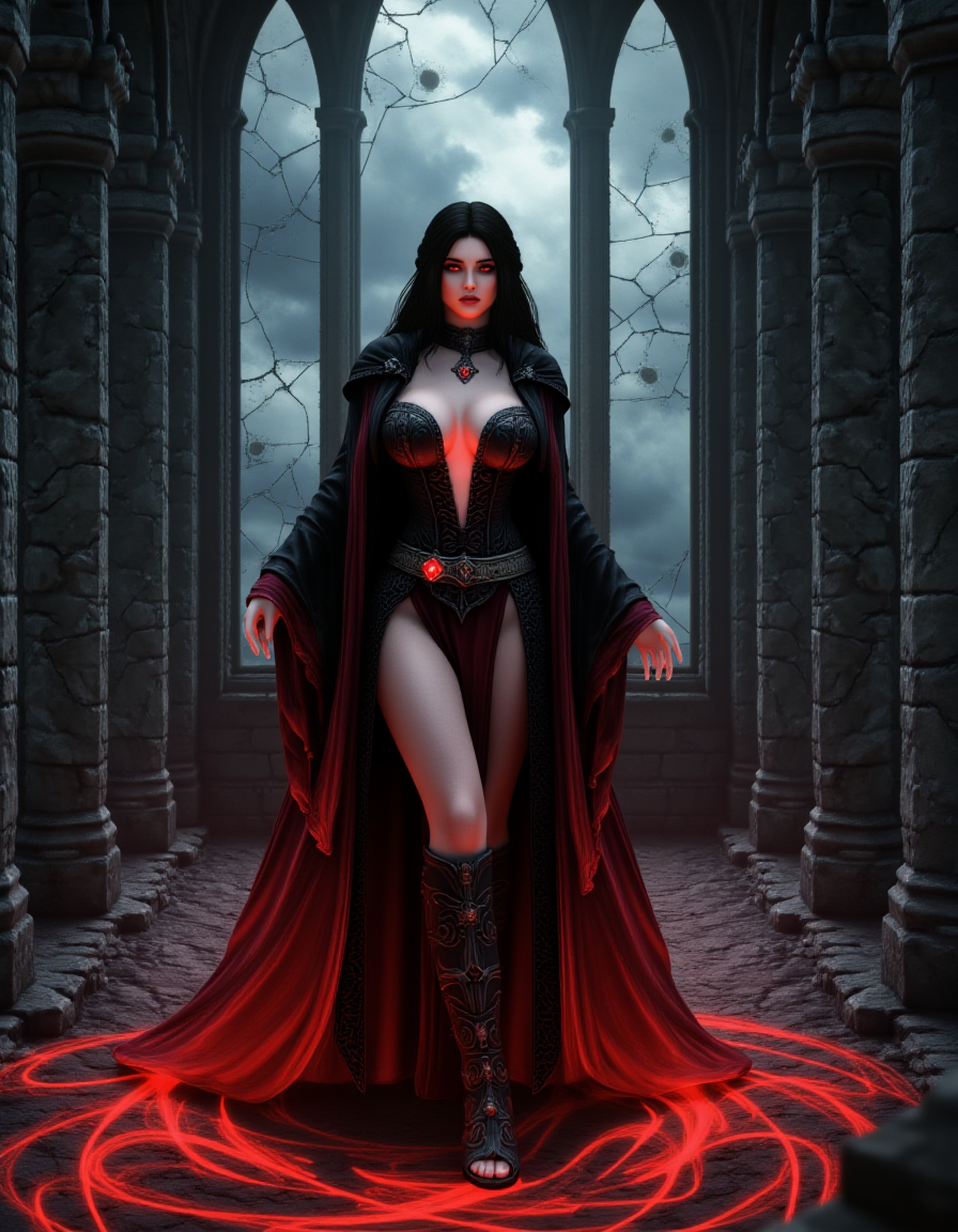 <lora:Serana_4:0.7>, full-body fantasy illustration of a seductive vampire serana standing in a ruined chapel, wearing black and crimson ceremonial robes partially open at the chest and legs, silver jewelry and blood crystal amulet glowing, swirling red mist at her feet, storm clouds outside the broken stained glass, intense eye contact, gothic high fantasy illustration with dramatic lighting, <lora:Katarina_Vesela_10:0.6>
