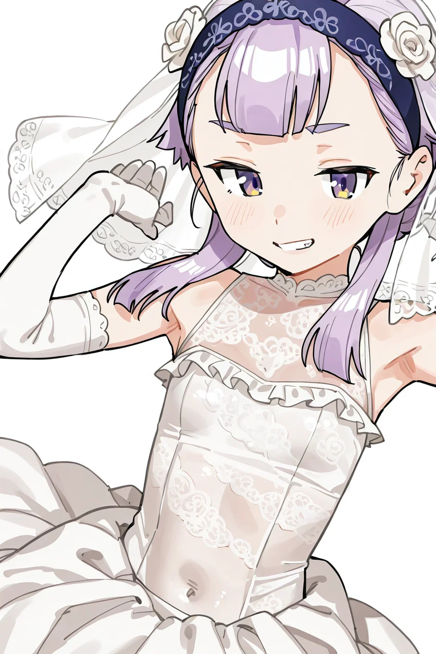shiny skin, posing,
<lora:namaana.il:1>,
namaana,
inaho,
(alternative costume, wedding dress, frill, lace, see-through:1.5),
dynamic angle, dynamic pose, seductive smile, suggestive pose,