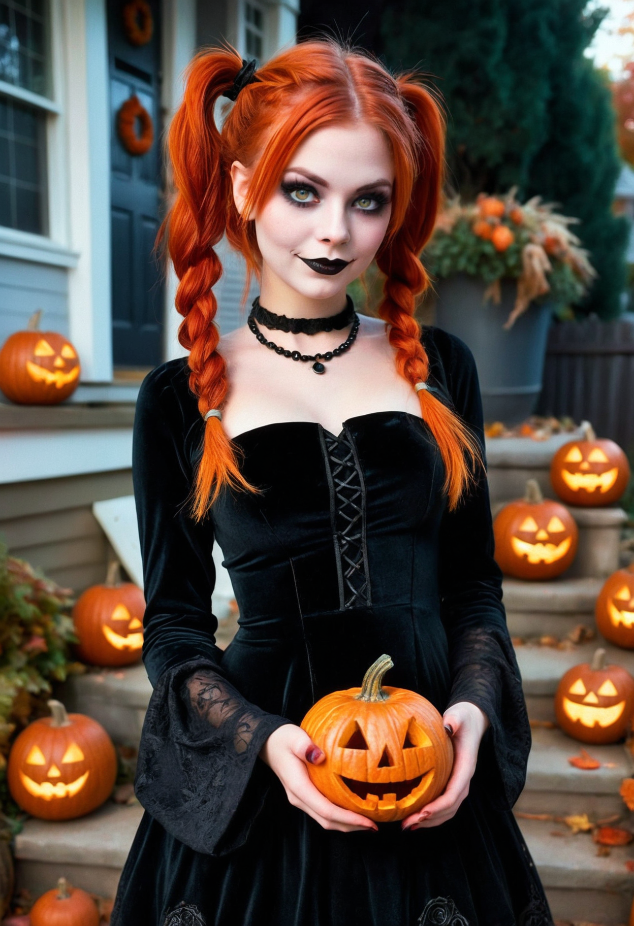 Charming autumn scene featuring a young Caucasian woman with fiery red pigtails. She stands in a quaint backyard, surrounded by a collection of intricately carved jack-o'-lanterns flickering gently in the twilight. Her goth-inspired makeup, highlighted by bold black eyeliner and rich burgundy lipstick, beautifully contrasts with her porcelain skin and bright green eyes. Dressed in a flowing black velvet dress layered over a fitted long-sleeve top, she radiates a whimsical yet enchanting aura. As colorful autumn leaves dance around her, she beams with joy while cradling an adorably tiny jack-o'-lantern, glowing softly in her palm, perfectly embodying the playful spirit of Halloween.  Highly detailed, film grain.   <lora:xl_EuroBabeXL-v4>