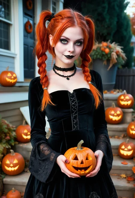 Charming autumn scene featuring a young Caucasian woman with fiery red pigtails. She stands in a quaint backyard, surrounded by a collection of intricately carved jack-o'-lanterns flickering gently in the twilight. Her goth-inspired makeup, highlighted by bold black eyeliner and rich burgundy lipstick, beautifully contrasts with her porcelain skin and bright green eyes. Dressed in a flowing black velvet dress layered over a fitted long-sleeve top, she radiates a whimsical yet enchanting aura. As colorful autumn leaves dance around her, she beams with joy while cradling an adorably tiny jack-o'-lantern, glowing softly in her palm, perfectly embodying the playful spirit of Halloween. Highly detailed, film grain. <lora:xl_EuroBabeXL-v4>