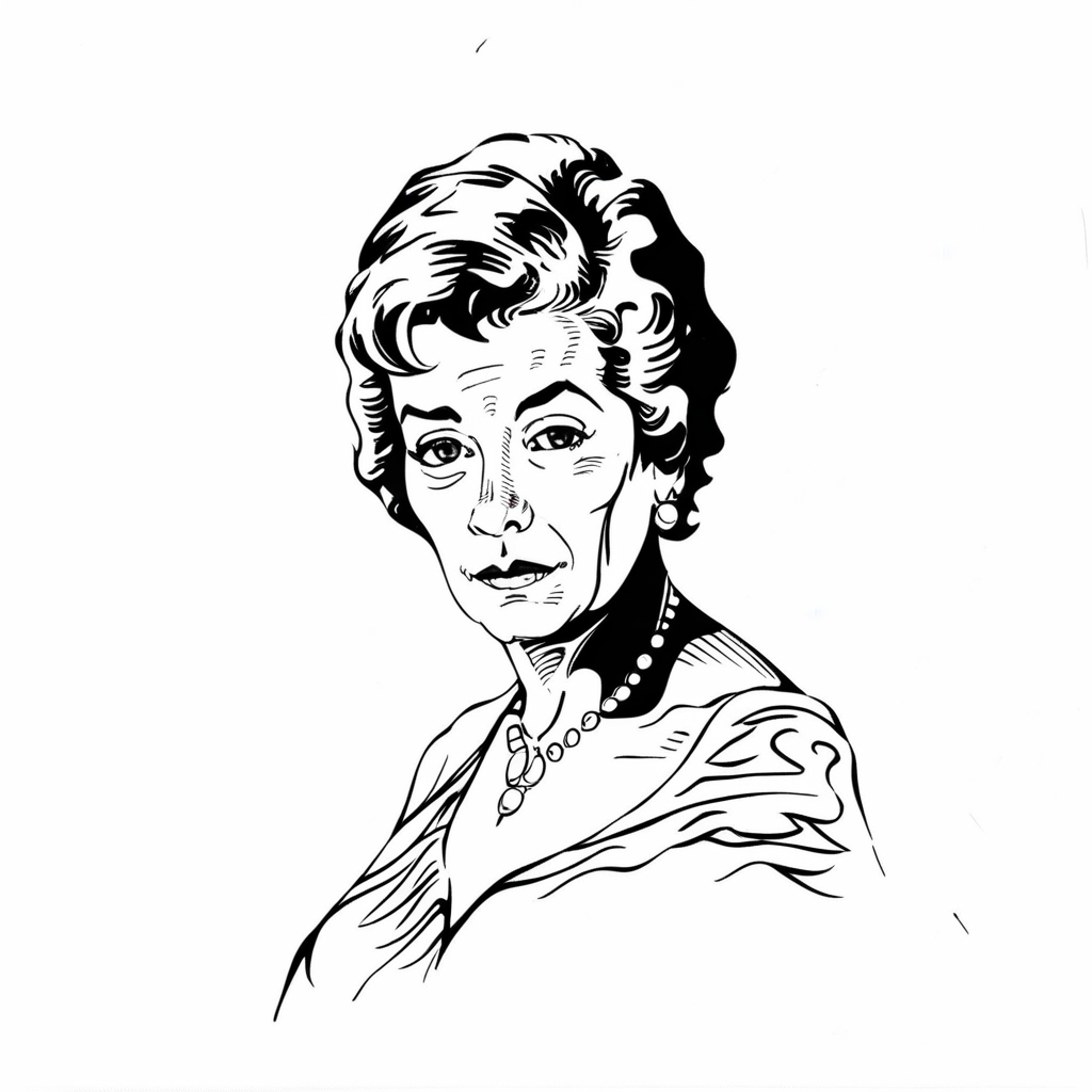 A portrait of an elderly woman, in black and white, monochrome, against a white background