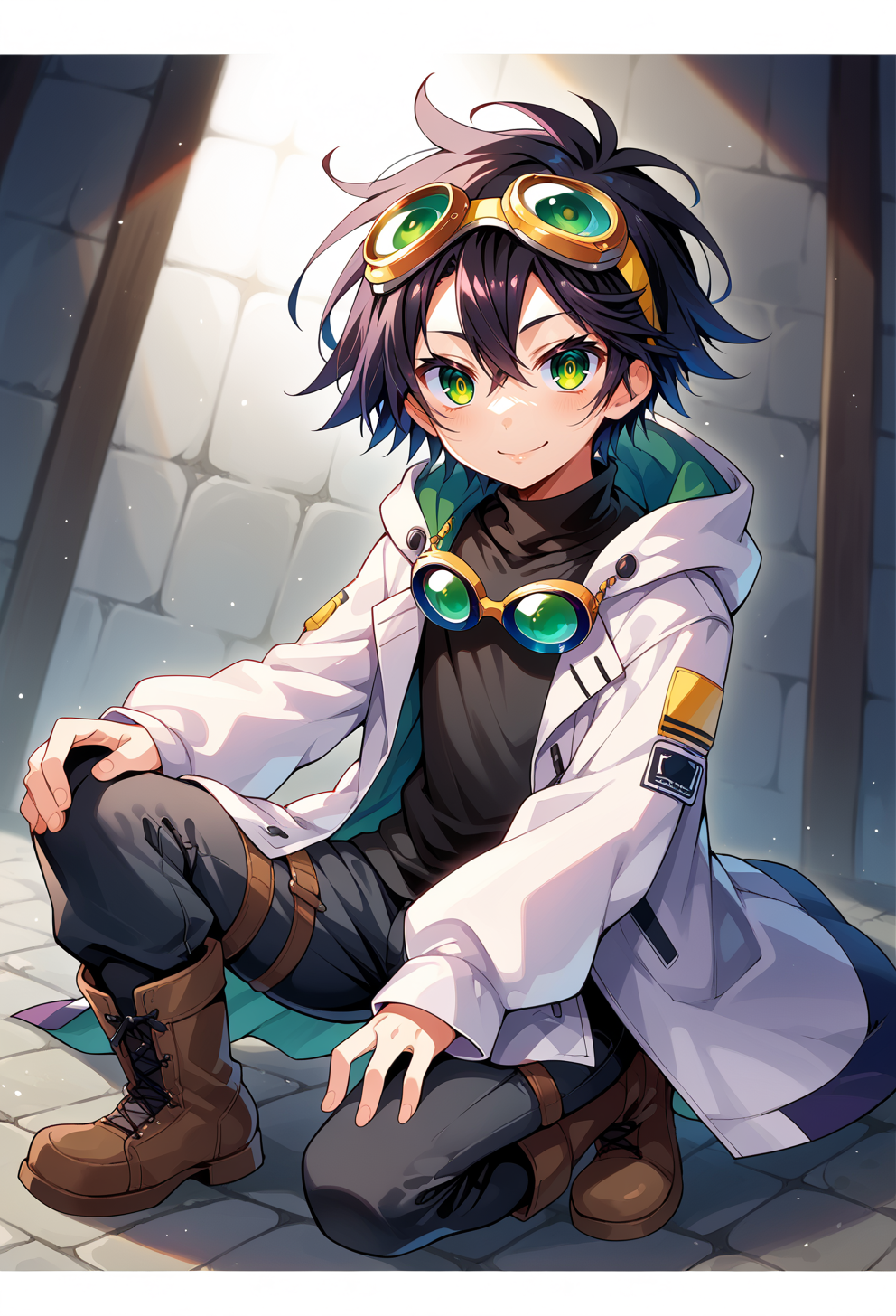 score_9, score_7_up, source_anime, BREAK <lora:kamiya_yuu-Style-PonyXL-GLoRA:0.75> solo,, smile, 1boy, green eyes, short hair, black hair, bangs, hair between eyes, messy hair, (goggles on head:1.2), headband, white coat, hooded coat, hood down, open coat, black turtleneck, capri pants, layered pants, black knee boots,