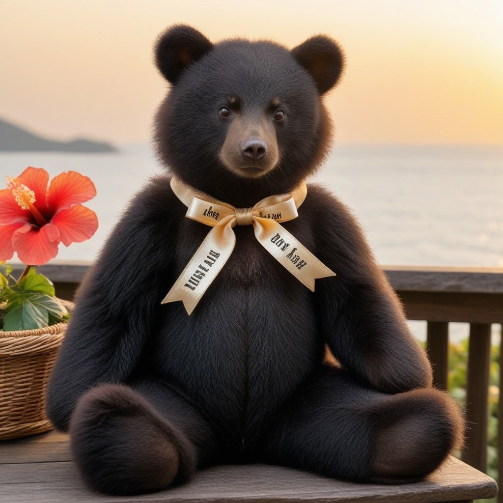 teddy_bear_long_fur,
solo,,full body,
Asiatic black bear,
long fur,thick fur,
fur is fluffy and textured,
Hairy muzzle
ribbon is tied around its neck,
Gold-colored text is visible on the ribbon,
Antique table, outdoors, bright sunlight, Southern sea, hibiscus, flower basket, twilight, sunset, orange light