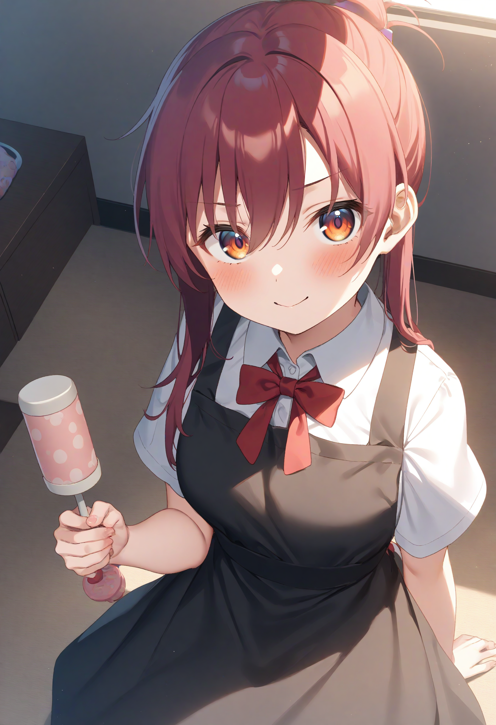 1girl,sincos, ningen mame, toosaka asagi,solo,medium breasts,school uniform,
rattle, holding, apron,indoors, <lora:rattle_XL_v1:0.6>
from above, upper body, looking at viewer, red hair, orange eyes,archaic smile, closed mouth, topknot hair,,
best quality, very aesthetic, absurdres