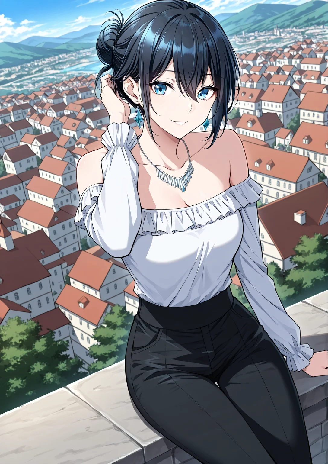 <lora:Tabitha_Helstea__The_Beginning_After_the_End__Illustrious:1>
1 girl, solo, blue eyes, black hair, hair between eyes,
black pants, off-shoulders shirt, shirt frills, bare shoulders, hair ornament, necklace, earrings, single hair bun
score_9, score_8_up, score_7_up, very aesthetic, source_anime, detailed, high quality, beautiful, masterpiece, detailed eyes, castle, village, blurry background, cityscape, pose dynamic angle, light smile, open mouth, hand on hair, sitting
