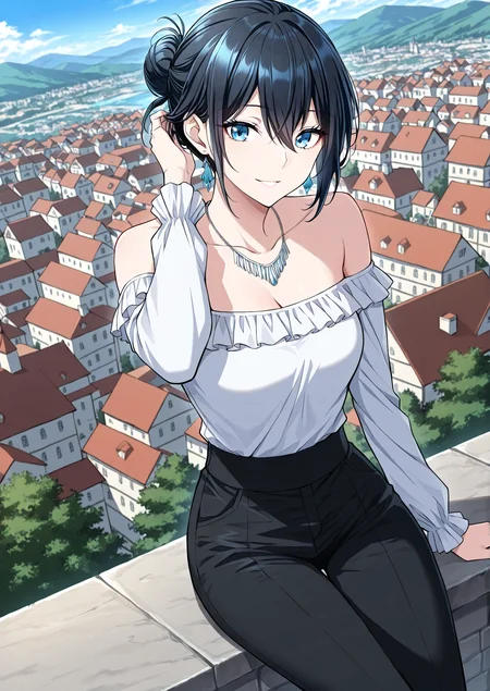 <lora:Tabitha_Helstea__The_Beginning_After_the_End__Illustrious:1>
1 girl, solo, blue eyes, black hair, hair between eyes,
black pants, off-shoulders shirt, shirt frills, bare shoulders, hair ornament, necklace, earrings, single hair bun
score_9, score_8_up, score_7_up, very aesthetic, source_anime, detailed, high quality, beautiful, masterpiece, detailed eyes, castle, village, blurry background, cityscape, pose dynamic angle, light smile, open mouth, hand on hair, sitting