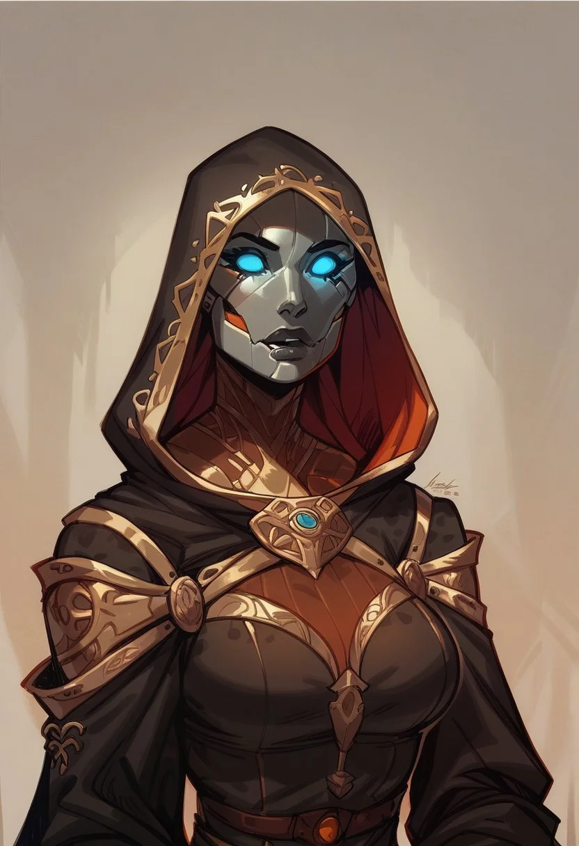 score_9, score_8_up, score_8, score_7_up, score_7, score_6_up, score_6, score_5_up, Score_5, warforged, metal body, robot, robot eyes, beautiful dress, noseless, hood pulled up, vox machine style, 1girl, female focus, solo, portrait, tavern background, fantasy, (dynamic lighting:1.1)
((masterpiece))