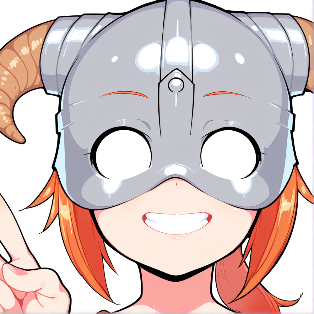 high_res,uncensor,dovakini,solo,alone, high_quality, best_quality,front view,, masterpiece, good_anatomy, mizone, 1girl,alone,solo, orange hair,horned helmet,grey helmet,white round eyes,blank eyes,peace sign, face focus,close up,grin,  